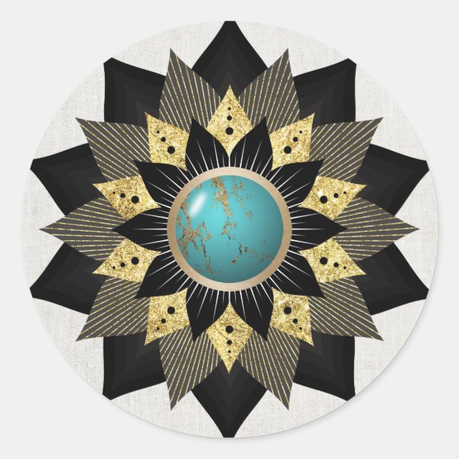 Black Gold Turquoise Lotus Flower Mandala Elegant Classic Round Sticker (Front)