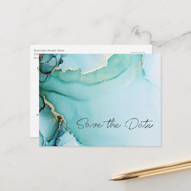 Black Gold Turquoise Wedding Save the Date Announcement Postcard (Front/Back In Situ)