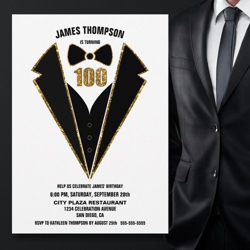 Black Gold Tuxedo 100th Birthday Party Invitation
