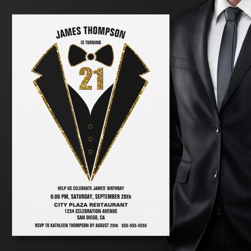 Black Gold Tuxedo 21st Birthday Party Invitation