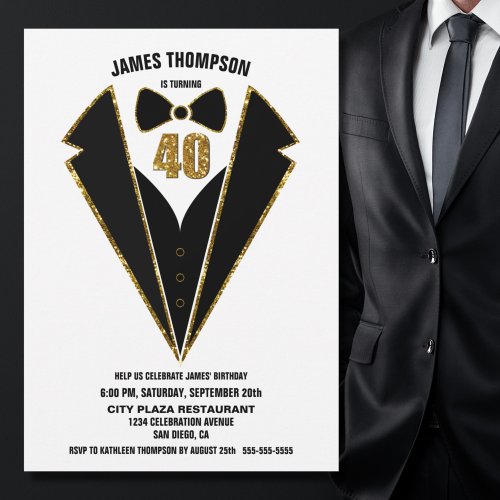 Black Gold Tuxedo 40th Birthday Party Invitation