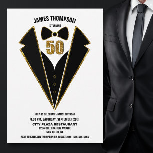 Black Gold Tuxedo 50th Birthday Party Invitation