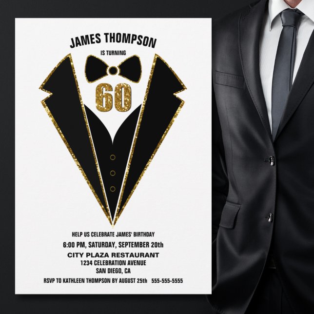 Black Gold Tuxedo 60th Birthday Party Invitation (Creator Uploaded)