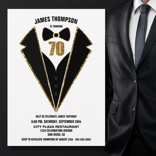 Black Gold Tuxedo 70th Birthday Party Invitation
