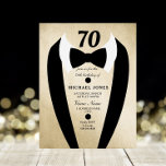 Black Gold Tuxedo Mens 70th Birthday Party Invite<br><div class="desc">Design Courtesy of https://www.etsy.com/shop/teabreakart</div>