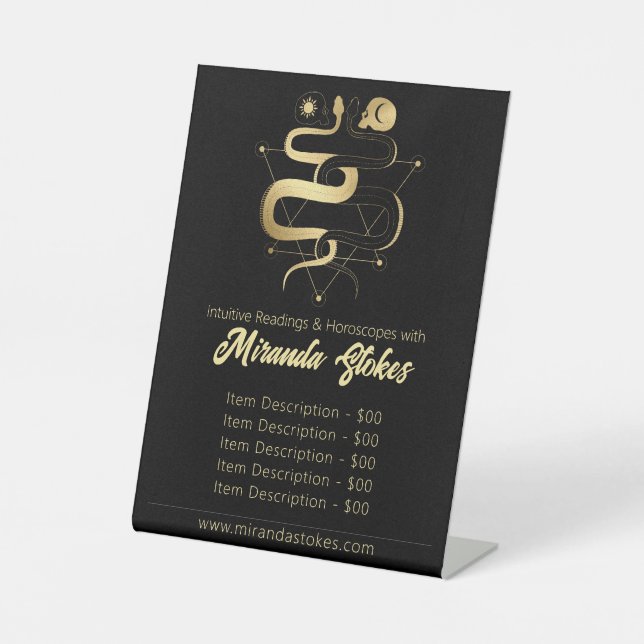 Black & Gold Twin Snakes Gothic Tarot Price List Pedestal Sign (Front)