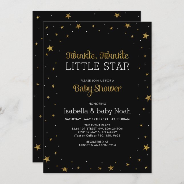 Black & Gold | Twinkle Little Star Baby Shower Invitation (Front/Back)