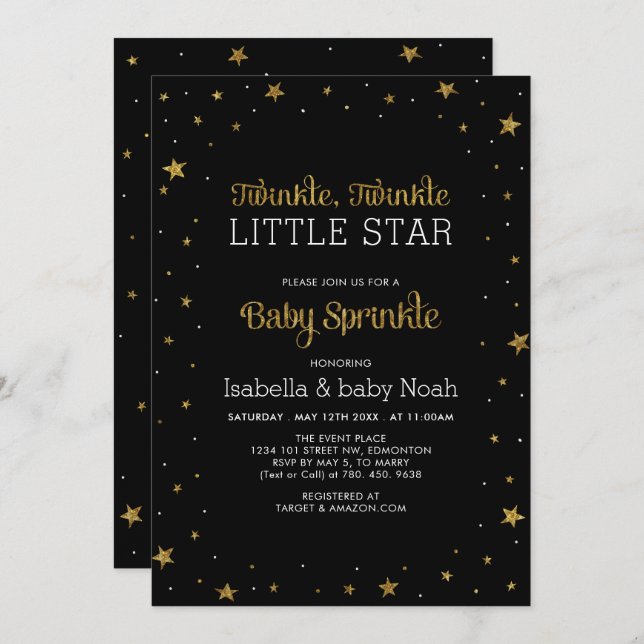Black & Gold | Twinkle Little Star Baby Sprinkle Invitation (Front/Back)