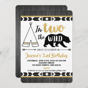 black gold two wild 2nd birthday invitation boy