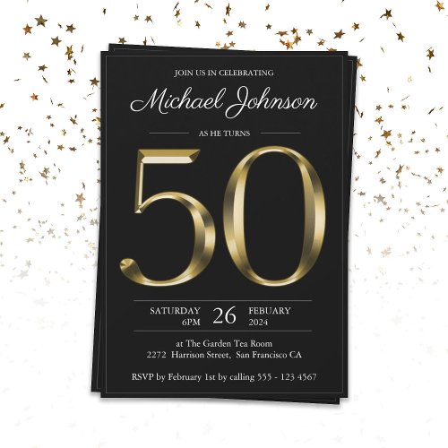 Black Gold Typography 50th Birthday Party Invitation