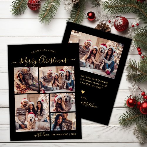 Black Gold Typography 5 Photo Collage Christmas  Holiday Card