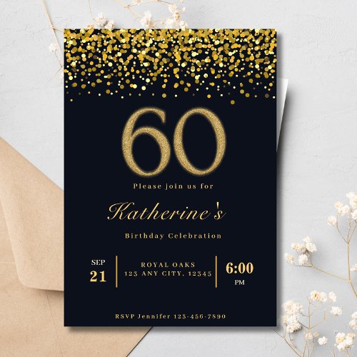 Black  Gold Typography 60th Modern Birthday Invitation