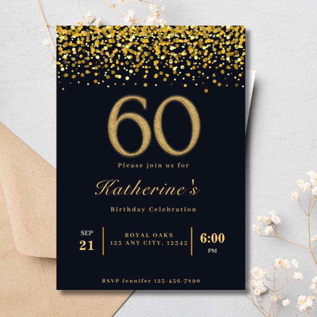 Black & Gold Typography 60th Modern Birthday Invitation (Creator Uploaded)