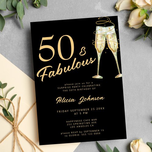 Black gold typography fifty fabulous 50th birthday invitation