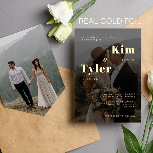 Black gold typography modern 2 photos wedding foil invitation