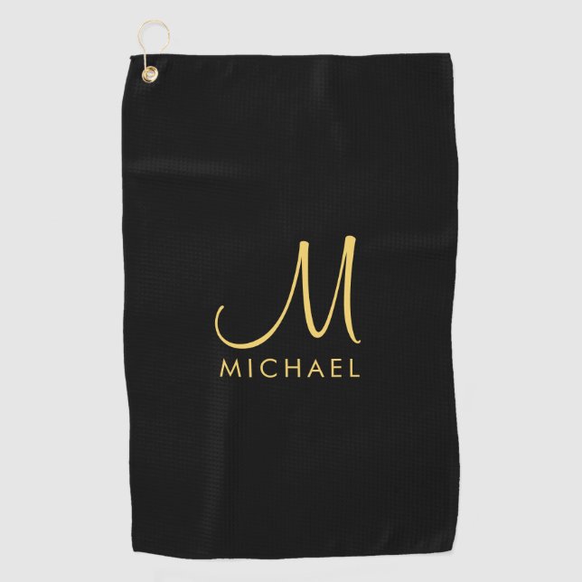 Black & Gold Typography Monogram Initial Template Golf Towel (Front)
