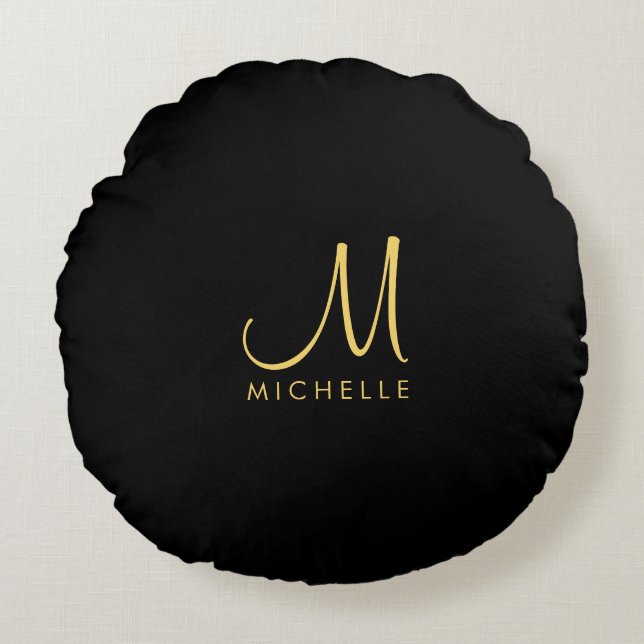 Black & Gold Typography Monogram Name Template Round Pillow (Front)