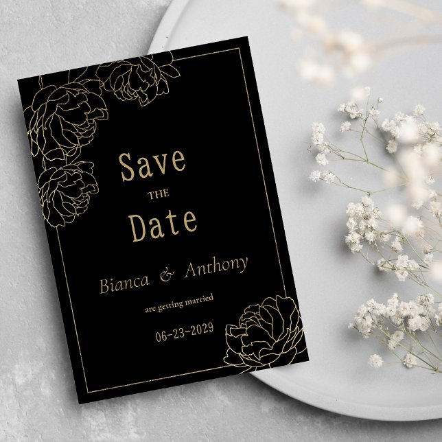 Black gold typography peony luxury Save the Date Invitation (Black gold typography peony luxury Save the Date)