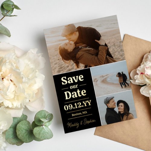 Black Gold Typography Photo Collage Save The Date Foil Invitation