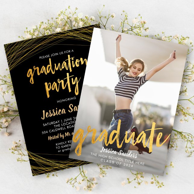 Black & Gold Typography Photo Graduation Party Invitation (Creator Uploaded)