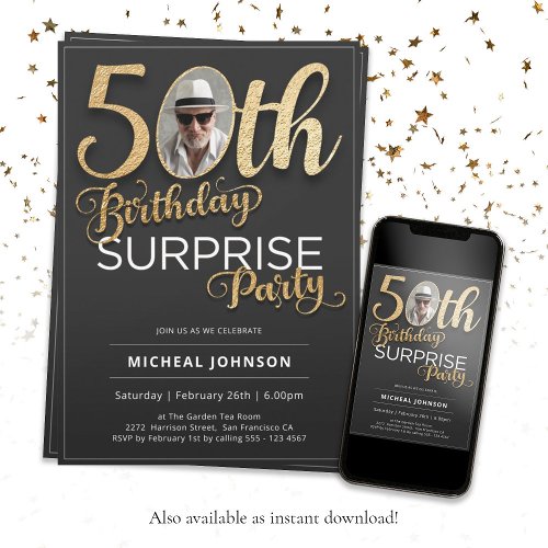 Black Gold Typography Photo Surprise 50th Birthday Invitation
