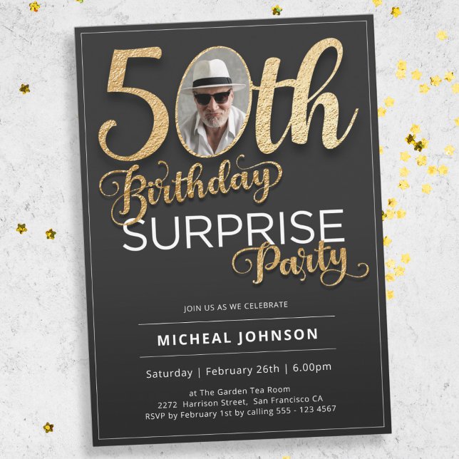Black Gold Typography Photo Surprise 50th Birthday Invitation (Mockup View)