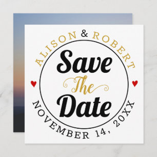 Black gold typography red hearts photo on the back save the date