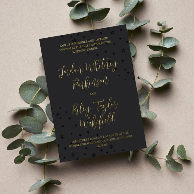 Black & Gold Typography Stars Informal Wedding Foil Invitation (Creator Uploaded)