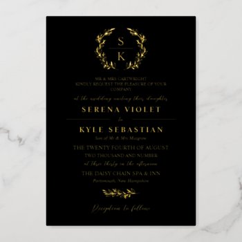 Black Gold Typography Wreath Monogram Wedding Foil Invitation by Paperpaperpaper at Zazzle