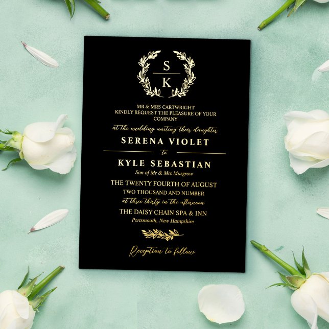 Black Gold Typography Wreath Monogram Wedding Foil Invitation (Creator Uploaded)