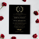 Black Gold Typography Wreath Monogram Wedding Foil Invitation<br><div class="desc">Elegant traditional wedding invitation in a gold foil and black typography design with a laurel wreath monogram and beautiful fonts. Typography wedding invitation with a greenery monogram and beautiful fonts with parents hosting. Monogrammed gold foil wedding invitation with a traditional typography design and greenery. Black and gold monogrammed wedding invitation....</div>