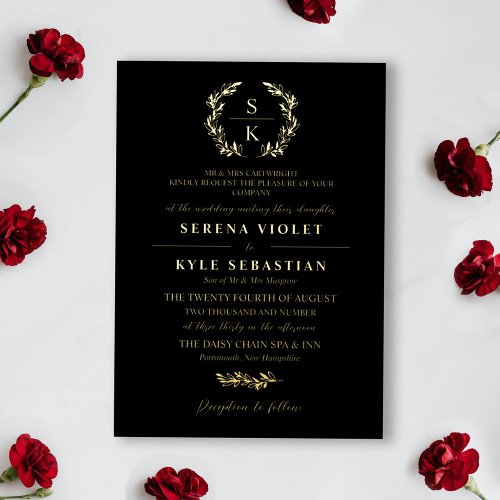 Black Gold Typography Wreath Monogram Wedding Foil Invitation