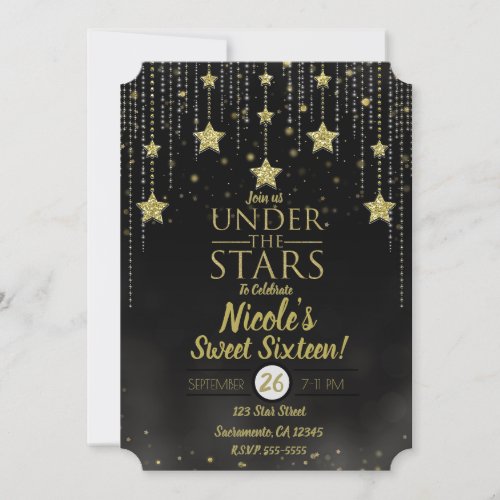 Black  Gold Under The Stars Starry Sweet 16 Invitation