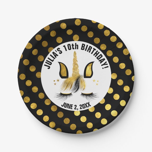 Black & Gold Unicorn Paper Plates (Front)