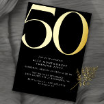 Black   Gold | Unisex Mens or Womens 50th Birthday Foil Invitation<br><div class="desc">Modern 50th birthday invitations with a large heading "50" in real metallic foil. Your event details are printed below in matte white font. Contrasting gold-on-black for a sleek,  gender neutral design.</div>