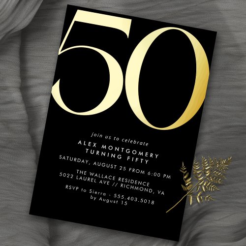 Black  Gold  Unisex Mens or Womens 50th Birthday Foil Invitation