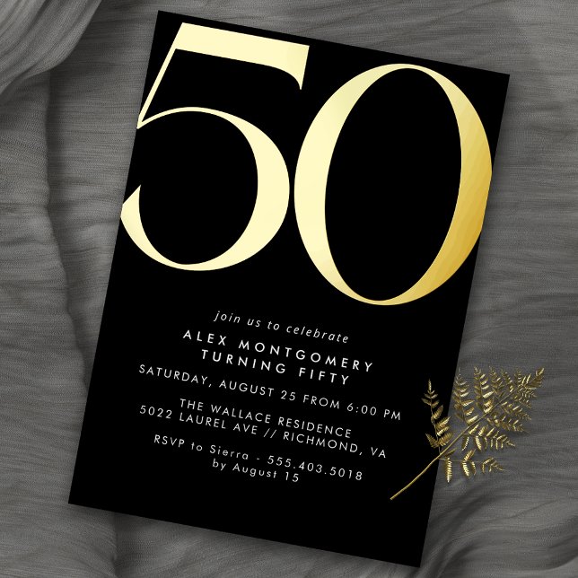 Black + Gold | Unisex Mens or Womens 50th Birthday Foil Invitation (Creator Uploaded)