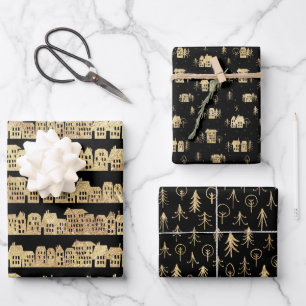 Black Gold Urban Trees Snow  Wrapping Paper Sheets