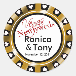 Black & Gold Vegas Newlyweds Casino Chip Classic Round Sticker