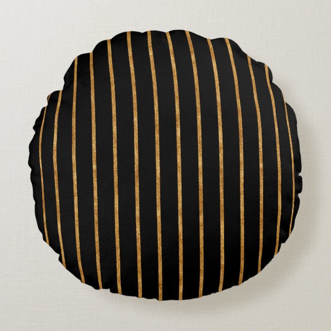 Black & Gold Vertical Stripe Pattern Round Pillow (Front)