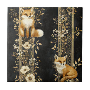 Black Gold Victorian Fox Botanical Pattern Ceramic Tile