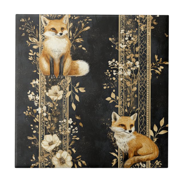 Black Gold Victorian Fox Botanical Pattern Ceramic Tile (Front)