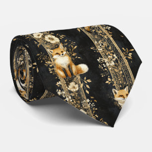Black Gold Victorian Fox Botanical Pattern Neck Tie