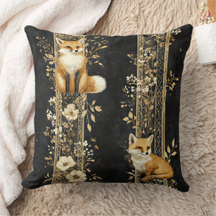 Black Gold Victorian Fox Botanical Pattern Throw Pillow