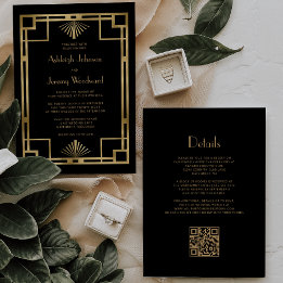 Black Gold Vintage 1920s Deco QR Code Wedding Invitation