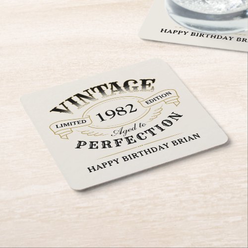 Black Gold Vintage Aged To Perfection birthday Square Paper Coaster