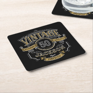 Black & Gold Vintage Aged To Perfection Birthday Square Paper Coaster
