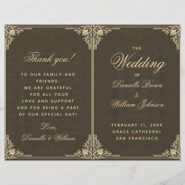 Black Gold Vintage Elegant Folded Wedding Program (Front)