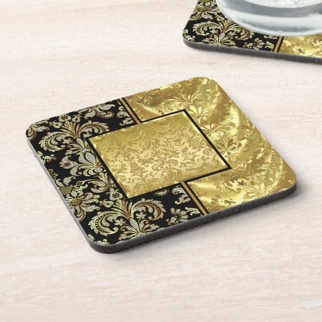 Black & Gold Vintage Floral Damask Pattern Coaster (Left Side)