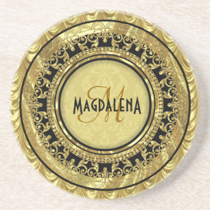 Black & Gold Vintage Floral Damasks-Monogram Drink Coaster